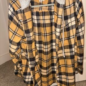 American Eagle Outfitters Mustard Plaid Hooded Shirt
